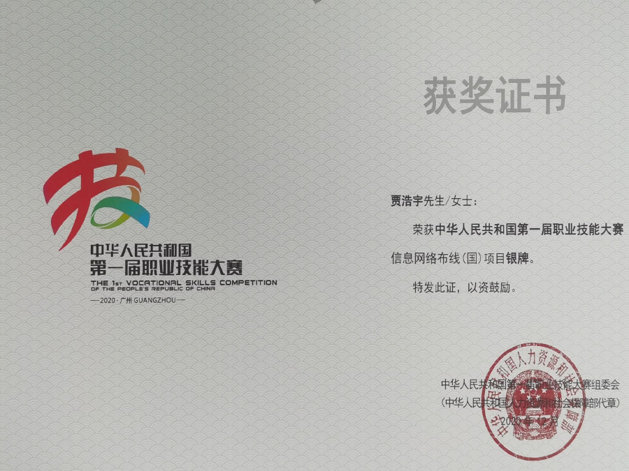 中华人民共和国第一届职业技能大赛银牌